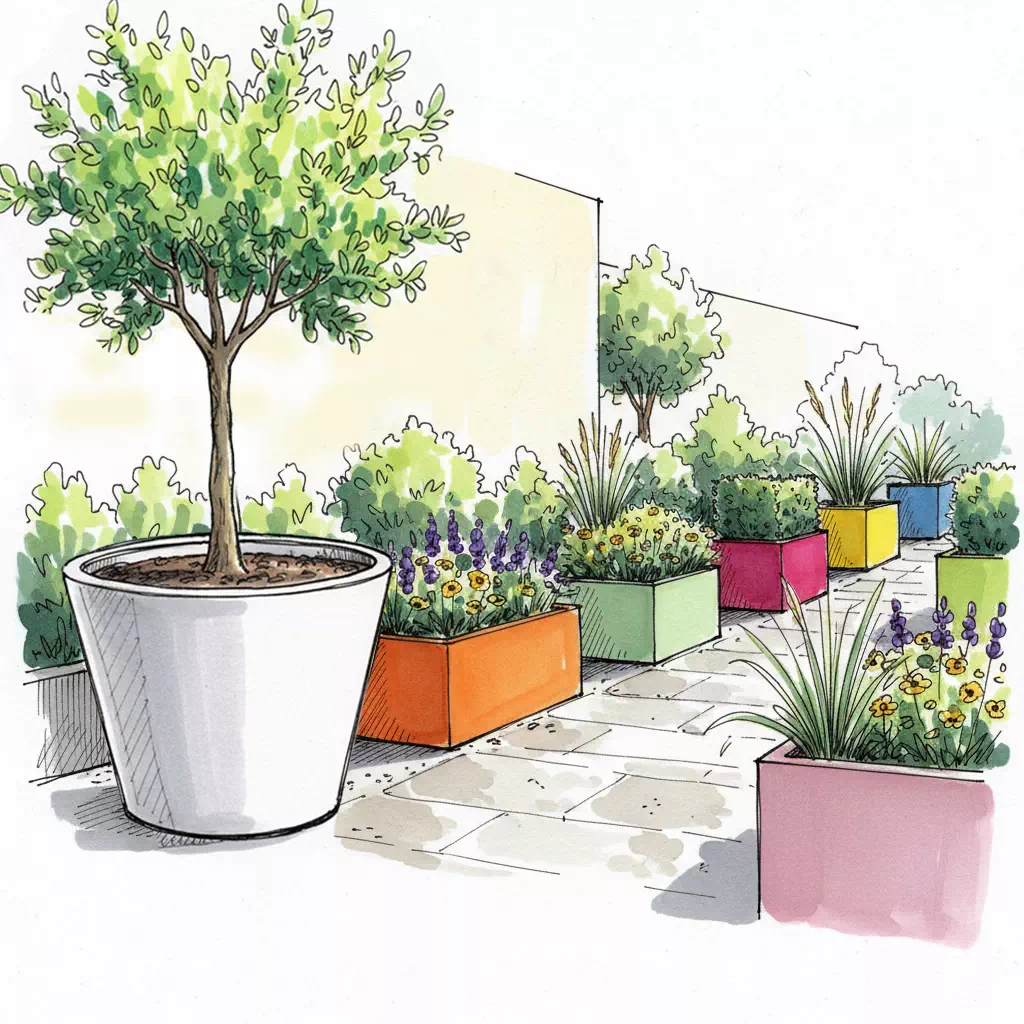 Dessin aménagement terrasse avec bacs à plantes colorés en fibre-résine Bacs et Jardins